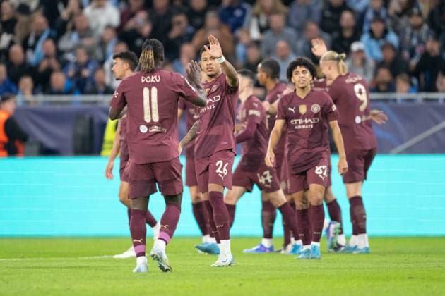Manchester City players a goal celebrate during UEFA Champions league match, SK Slovan Bratislava - Manchester City , 01. october 2024 Copyright: xMICHALxFAJT,ZOSPORTU.SKx DSC_2095