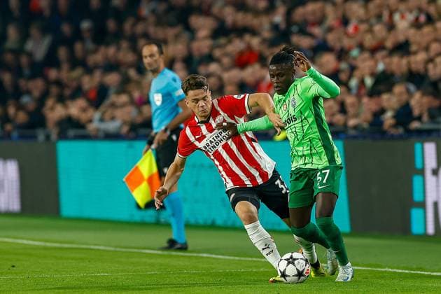 EINDHOVEN, 12-05-2019, Philips stadium. Dutch football, Champions League, season 2024-2025. Player PSV Richard Ledezma vs Player Sporting CP Geovany Quenda PSV - Sporting CP  x26368872x Copyright: