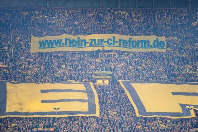 01 10 2024 Football, 2024 2025, Champions League, Group stage, Matchday 2, Borussia Dortmund Celtic Glasgow Fans Dortmund with a choreography against the Uefa Uefa Mafia No to CL reform