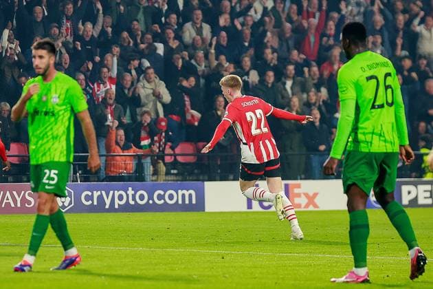 EINDHOVEN, 12-05-2019, Philips stadium. Dutch football, Champions League, season 2024-2025. Player PSV Jerdy Schouten celebrates after scoring 1-0 PSV - Sporting CP  x26368878x Copyright: