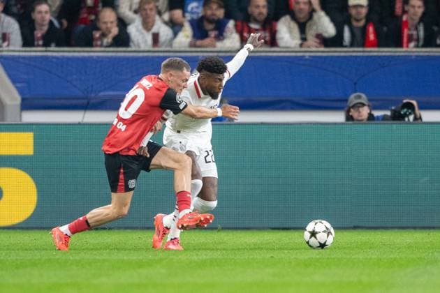 01 10 2024, Football UEFA Champions League, Season 2024 2025, Matchday 2, Bayer 04 Leverkusen AC Milan at the BayArena in Leverkusen duel between Florian Wirtz Bayer 04 Leverkusen, 10 and Emerson AC Milan, 22 Photo Kirchner Media TH Copyright: xKirchner-Media THx