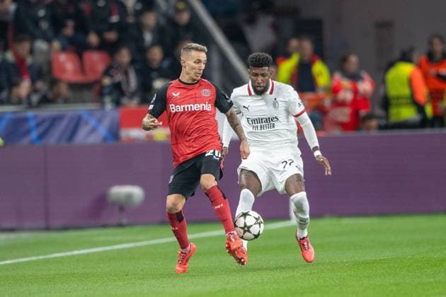 01 10 2024, Football UEFA Champions League, Season 2024 2025, Matchday 2, Bayer 04 Leverkusen AC Milan at the BayArena in Leverkusen Duel between Alejandro Grimaldo Bayer 04 Leverkusen, 20 and Emerson AC Milan, 22 Photo Kirchner Media TH Copyright: xKirchner-Media THx