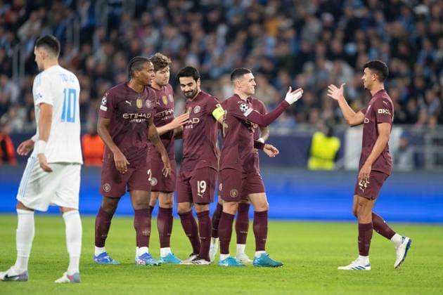 Manchester City players a goal celebrate during UEFA Champions league match, SK Slovan Bratislava - Manchester City , 01. october 2024 Copyright: xMICHALxFAJT,ZOSPORTU.SKx DSC_2202