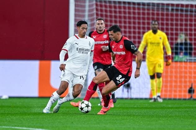01 10 2024, Football, Champions League, Matchday 2, Season 2024 2025, Bayer 04 Leverkusen AC Milan, Tijani Reijnders AC Milan , Granit Xhaka Bayer Leverkusen xRHR PHOTO TKx Copyright: RHR-FOTOx RHR-FOTO TK