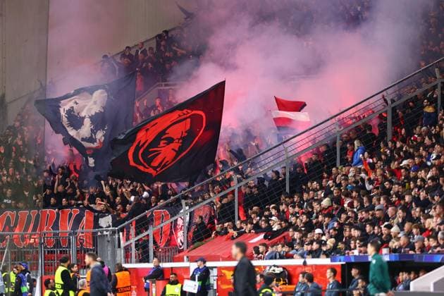 AC Milan Fans Bayer 04 Leverkusen vs AC Milan, Soccer, UEFA Champions League, Matchday 2, 01 10 2024 Photo kolbert press Ant Palmer BayArena NRW Germany Copyright: xkolbert-press AntxPalmerx