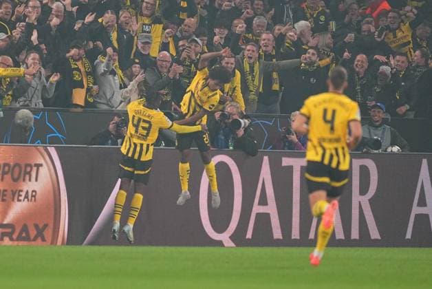 October 01 2024: Karim Adeyemi of Borussia Dortmund celebrates the teams second goal during a Champions League Group Phase MD2 game, Borussia Dortmund vs Celtic, at Signal Luna Park, Dortmund, Germany. CSM Dortmund Germany - ZUMAc04_ 20241001_zma_c04_002 Copyright: xUlrikxPedersenx