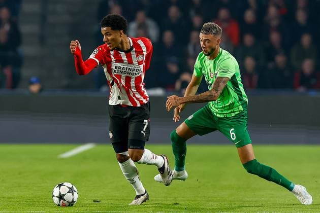 EINDHOVEN, 12-05-2019, Philips stadium. Dutch football, Champions League, season 2024-2025. Player PSV Malik Tillman vs Player Sporting CP Zeno Debast PSV - Sporting CP  x26368984x Copyright: