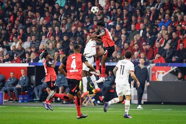 UEFA Champions League, Bayer 04 Leverkusen AC Milan 01 10 2024 Edmond Tapsoba Bayer 04 Leverkusen, 12 and Rafael Leao AC Milan, 10 in a header duel UEFA Champions League, Bayer 04 Leverkusen AC Milan, Matchday 2 on 01 10 2024 at BayArena in Leverkusen Copyright: xBEAUTIFULxSPORTS AxelxKohringx