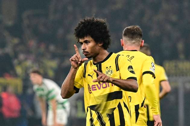 Goal celebration for 2 1 by Karim Adeyemi 27 Borussia Dortmund , Borussia Dortmund vs Celtic Glasgow, Soccer, Champions League, Matchday 2, 01 10 2024 Dortmund Nordrhein Westfalen Germany Copyright: xkolbert-press MarcxNiemeyerx