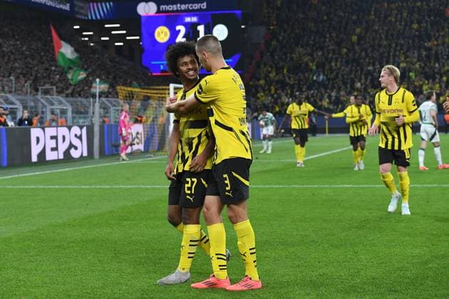 Soccer Champions League Matchday 2 Borussia Dortmund Celtic Glasgow on 01 10 2024 at Signal Iduna Park in Dortmund Goal celebration for 3 1 by Karim Adeyemi Dortmund xRx