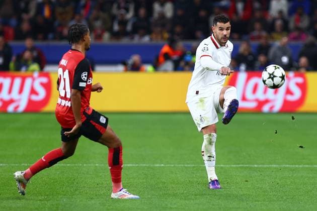 Theo Hernandez 19 AC Milan Amine Adli 21 Bayer 04 Leverkusen Bayer 04 Leverkusen vs AC Milan, Football, UEFA Champions League, Matchday 2, 01 10 2024 Photo kolbert press Ant Palmer BayArena NRW Germany Copyright: xkolbert-press AntxPalmerx