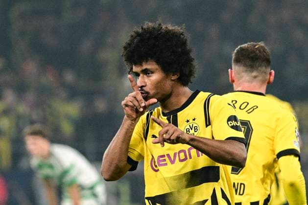 Goal celebration for 2 1 by Karim Adeyemi 27 Borussia Dortmund , Borussia Dortmund vs Celtic Glasgow, Soccer, Champions League, Matchday 2, 01 10 2024 Dortmund Nordrhein Westfalen Germany Copyright: xkolbert-press MarcxNiemeyerx