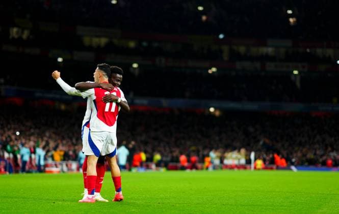 Bukayo Saka of Arsenal celebrates scoring a goal after making it 2-0 with Gabriel Martinelli Arsenal v Paris Saint-Germain, UEFA Champions League, Group Stage, Football, Emirates Stadium, London, UK, 01 Oct 2024 EDITORIAL USE ONLY No use with unauthorised audio, video, data, fixture lists, club league logos or live services. Online in-match use limited to 120 images, no video emulation. No use in betting, games or single club league player publications. Copyright: xJavierxGarcia Shutterstockx 14750159v