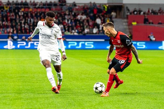 01 10 2024, Football UEFA Champions League, Season 2024 2025, Matchday 2, Bayer 04 Leverkusen AC Milan at the BayArena in Leverkusen Duel between Emerson AC Milan, 22 and Alejandro Grimaldo Bayer 04 Leverkusen, 20 Photo Kirchner Media TH Copyright: xKirchner-Media THx