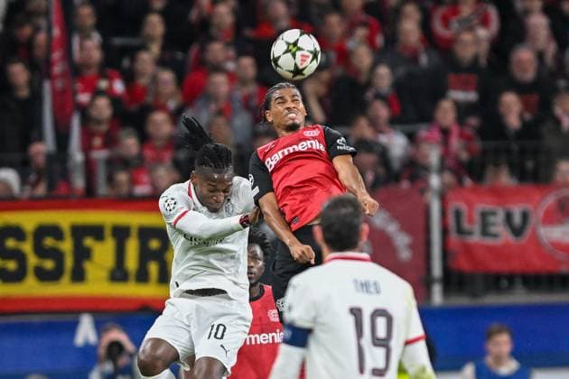 Header header duel Rafael Leao AC Milan 10 Amine Adli Leverkusen 21 01 10 2024 Soccer Champions League, Bayer Leverkusen vs AC Milan, BayArena, Leverkusen, NRW Germany Copyright: xpepphotox xHorstxMauelshagenx pep00321, pep_20241001_hm_0828