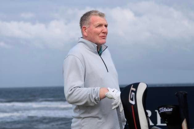 1st October 2024; Kingsbarns Golf Links, Fife, Scotland; Alfred Dunhill Links Golf Championship, Second Practice Day; Dougie MacIntyre, father of Bob on the fairway of the third hole on Kingsbarns Golf Links, during a practice round ahead of the Dunhill Links Championship  ActionPlus12698752 DavidxYoung