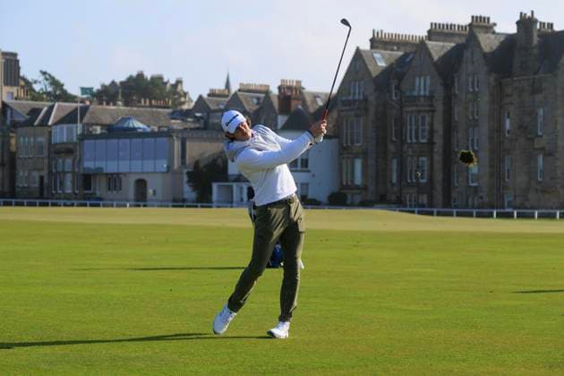 1st October 2024; Old Course at St Andrews, St Andrews, Fife, Scotland; Alfred Dunhill Links Golf Championship, Second Practice Day; Welsh former footballer Gareth Bale hits a shot from the fairway on the first hole of the Old Course, St Andrews, during a practice round ahead of the Dunhill Links Championship  ActionPlus12698761 DavidxYoung