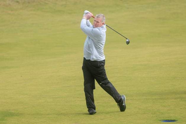 1st October 2024; Kingsbarns Golf Links, Fife, Scotland; Alfred Dunhill Links Golf Championship, Second Practice Day; Dougie MacIntyre, father of Bob, hits a shot from the fairway on the third hole on Kingsbarns Golf Links, during a practice round ahead of the Dunhill Links Championship  ActionPlus12698738 DavidxYoung