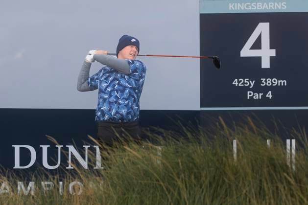 1st October 2024; Kingsbarns Golf Links, Fife, Scotland; Alfred Dunhill Links Golf Championship, Second Practice Day; Robert Macintyre of Scotland tees off on the fourth hole on Kingsbarns Golf Links, during a practice round ahead of the Dunhill Links Championship  ActionPlus12698740 DavidxYoung