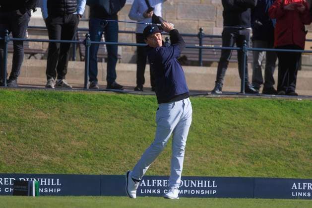 1st October 2024; Old Course at St Andrews, St Andrews, Fife, Scotland; Alfred Dunhill Links Golf Championship, Second Practice Day; Ryan Smith, owner of NBA, Basketball Herren, USA basketball team the Utah Jazz tees off on the first hole of the Old Course, St Andrews, during a practice round ahead of the Dunhill Links Championship  ActionPlus12698748 DavidxYoung