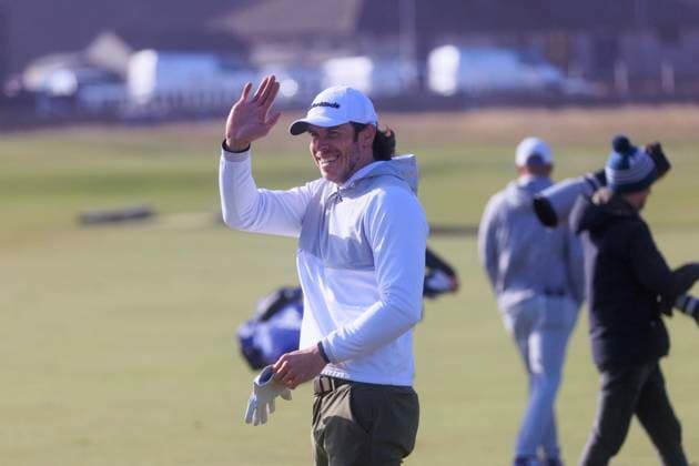 1st October 2024; Old Course at St Andrews, St Andrews, Fife, Scotland; Alfred Dunhill Links Golf Championship, Second Practice Day; Welsh former footballer Gareth Bale waves on the fairway of the first hole of the Old Course, St Andrews, during a practice round ahead of the Dunhill Links Championship  ActionPlus12698749 DavidxYoung