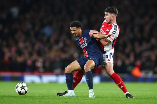 Arsenal gegen PSG 1. Oktober 2024, London UEFA Champions™s League Fußball Arsenal gegen Paris Saint Germain Warren Zaire Emery von Paris Saint Germain und Declan Rice von Arsenal Foto Charlotte Wilson Abseits London UK  Copyright: xCharlottexWilsonx xOffsidexOffside