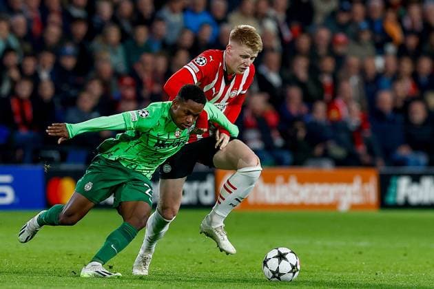 EINDHOVEN, 12-05-2019, Philips stadium. Dutch football, Champions League, season 2024-2025. Player PSV Jerdy Schouten vs Player Sporting CP Geny Catamo PSV - Sporting CP  x26369388x Copyright: