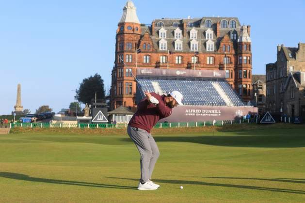 1st October 2024; Old Course at St Andrews, St Andrews, Fife, Scotland; Alfred Dunhill Links Golf Championship, Second Practice Day; Jon Rahm of Spain hits a shot from the fairway on the eighteenth hole of the Old Course, St Andrews, during a practice round ahead of the Dunhill Links Championship  ActionPlus12698777 DavidxYoung