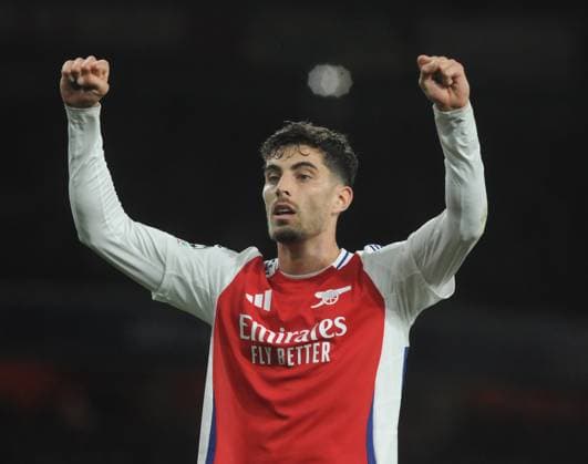 Football - 2024 2025 UEFA Champions League - League Phase - Matchday 2 8 - Arsenal vs Paris Saint Germain - Emirates Stadium - Tuesday 1st October 2024. Kai Havertz of Arsenal celebrates scoring goal no 1 