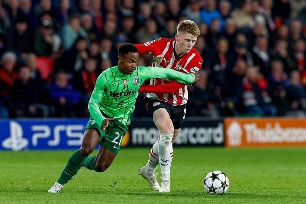 EINDHOVEN, 12-05-2019, Philips stadium. Dutch football, Champions League, season 2024-2025. Player PSV Jerdy Schouten vs Player Sporting CP Geny Catamo PSV - Sporting CP  x26369400x Copyright: