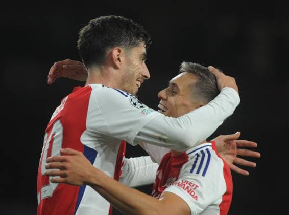 Football - 2024 2025 UEFA Champions League - League Phase - Matchday 2 8 - Arsenal vs Paris Saint Germain - Emirates Stadium - Tuesday 1st October 2024. Kai Havertz of Arsenal celebrates scoring goal no 1 with Leandro Troussard 