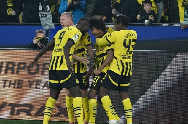 Jamie Gittens Borussia Dortmund , Karim Adeyemi Borussia Dortmund , Serhou Guirassy Borussia Dortmund , Julian Ryerson Borussia Dortmund , v re 01 10 2024, Football UEFA Champions League 2024 25, Matchday 2 Borussia Dortmund Celtic Glasgow Dortmund Signal Iduna Park Nordrhein Westfalen Germany Team2