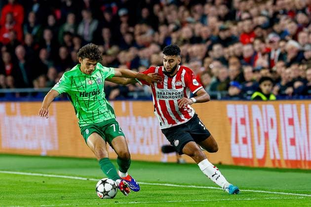 EINDHOVEN, 12-05-2019, Philips stadium. Dutch football, Champions League, season 2024-2025. Player PSV Ismael Saibari vs Player Sporting CP Eduardo Quaresma PSV - Sporting CP  x26369430x Copyright: