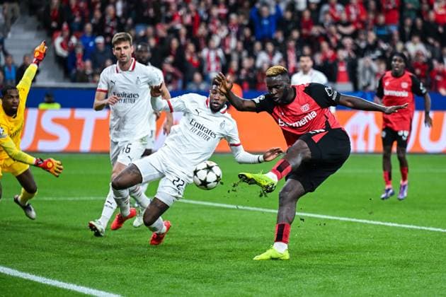 01 10 2024, Football, Champions League, Matchday 2, Season 2024 2025, Bayer 04 Leverkusen AC Milan, Victor Boniface Bayer Leverkusen scores the goal to make it 1 0 xRHR PHOTO TKx Copyright: RHR-FOTOx RHR-FOTO TK