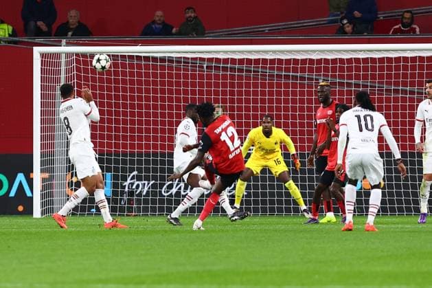 Goal chance for Edmond Tapsoba 12 Bayer 04 Leverkusen Bayer 04 Leverkusen vs AC Milan, Soccer, UEFA Champions League, Matchday 2, 01 10 2024 Photo kolbert press Ant Palmer BayArena NRW Germany Copyright: xkolbert-press AntxPalmerx