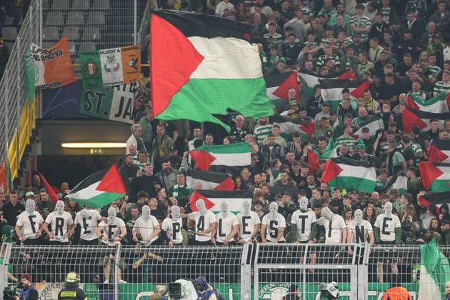 UEFA Champions League Borussia Dortmund Celtic Glasgow on 01 10 2024 at Signal Iduna Park in Dortmund The Celtic Glasgow fans show Free Palestine shirts and flags in the guest block MH