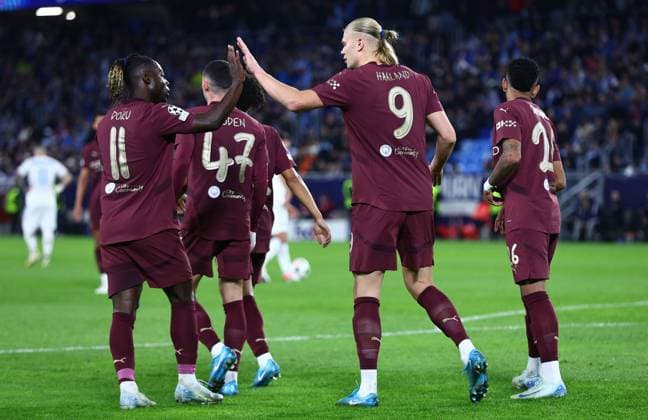 Erling Haaland of Manchester City celebrates scoring their sides third goal with team-mate Jeremy Doku of Manchester City Slovan Bratislava v Manchester City, UEFA Champions League, Group Stage, Football, Tehelne pole, Bratislava, Slovakia, 01 Oct 2024 EDITORIAL USE ONLY No use with unauthorised audio, video, data, fixture lists, club league logos or live services. Online in-match use limited to 120 images, no video emulation. No use in betting, games or single club league player publications. Copyright: xMichaelxZemanek Shutterstockx 14750163z