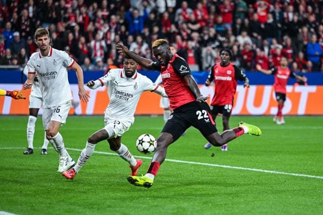 01 10 2024, Football, Champions League, Matchday 2, Season 2024 2025, Bayer 04 Leverkusen AC Milan, Victor Boniface Bayer Leverkusen scores the goal to make it 1 0 xRHR PHOTO TKx Copyright: RHR-FOTOx RHR-FOTO TK