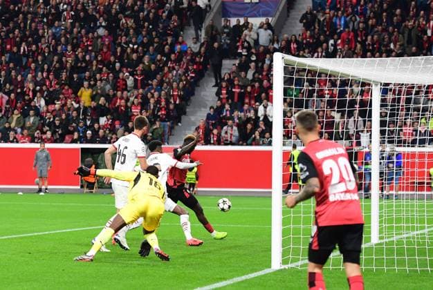 01 10 2024 Leverkusen Football, Men, UEFA Champions League,Matchday 2, Season 2024 2025, Bayer 04 Leverkusen vs AC Milan Goal for 1 0 Victor Boniface Leverkusen, center pushes in for 1 0 DFL regulations prohibit any use of photographs as image sequences and or quasi video BayArena NRW Germany