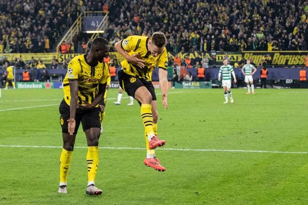 UEFA Champions League Borussia Dortmund Celtic Glasgow 01 10 2024 Borussia Dortmund celebrating 6 1, by Serhou Guirassy Borussia Dortmund, 9 Nico Schlotterbeck Borussia Dortmund, 4 celebrating UEFA Champions League Borussia Dortmund Celtic Glasgow Signal Iduna Park, Dortmund 01 10 2024 Copyright: xBEAUTIFULxSPORTS Buriakovx