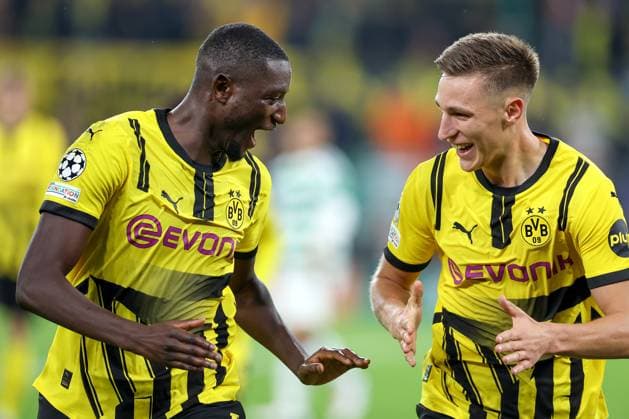 01 10 2024, Football, UEFA Champions League, Borussia Dortmund Celtic Glasgow, Matchday 2, Signal Iduna Park, Season 2024 2025 Goal celebration after the 6 1 by Serhou Guirassy BVB 9 together with Nico Schlotterbeck BVB 4 North Rhine-Westphalia Germany