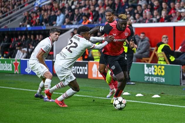 01 10 2024, Football, Champions League, Matchday 2, Season 2024 2025, Bayer 04 Leverkusen AC Milan, Emerson AC Milan , Victor Boniface Bayer Leverkusen xRHR PHOTO TKx Copyright: RHR-FOTOx RHR-FOTO TK