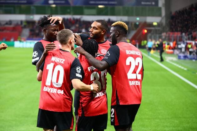 Goal to 1 0 for Leverkusen by Victor Boniface 22 Bayer 04 Leverkusen Bayer 04 Leverkusen vs AC Milan, Soccer, UEFA Champions League, Matchday 2, 01 10 2024 Photo kolbert press Ant Palmer BayArena NRW Germany Copyright: xkolbert-press AntxPalmerx