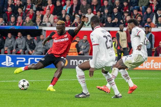 01 10 2024, Football UEFA Champions League, Season 2024 2025, Matchday 2, Bayer 04 Leverkusen AC Milan at the BayArena in Leverkusen duel between Victor Boniface Bayer 04 Leverkusen, 22 , Fikayo Tomori AC Milan, 23 and Emerson AC Milan, 22 Photo Kirchner Media TH Copyright: xKirchner-Media THx