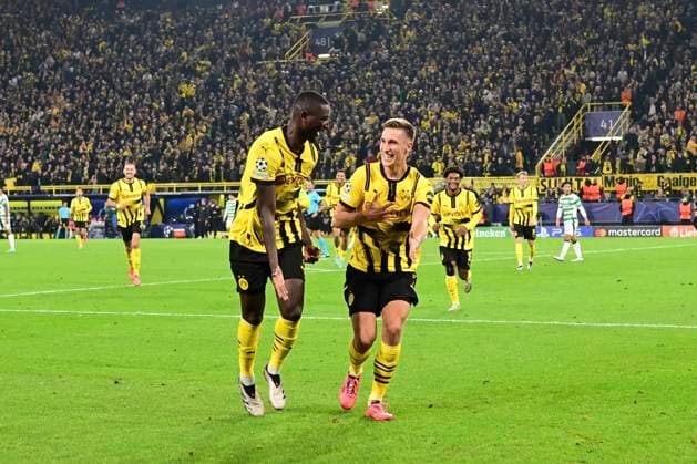 Goal celebration for 6 1 by Serhou Guirassy 9 Borussia Dortmund , Borussia Dortmund vs Celtic Glasgow, Soccer, Champions League, Matchday 2, 01 10 2024 Dortmund Nordrhein Westfalen Germany Copyright: xkolbert-press MarcxNiemeyerx