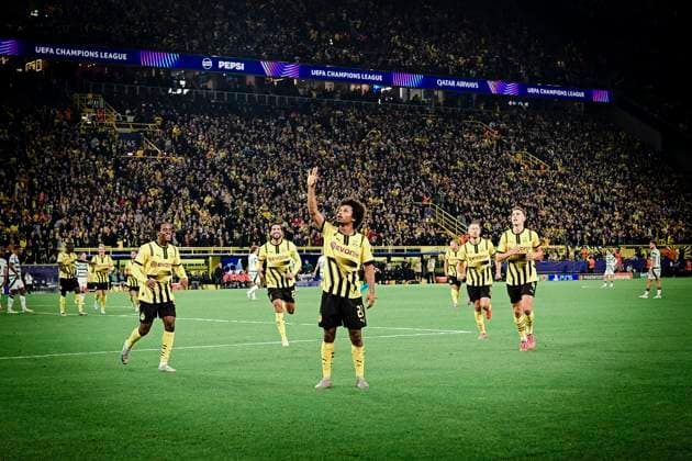 Goal celebration for 5 1 by Karim Adeyemi 27 Borussia Dortmund , Borussia Dortmund vs Celtic Glasgow, Soccer, Champions League, Matchday 2, 01 10 2024 Dortmund Nordrhein Westfalen Germany Copyright: xkolbert-press MarcxNiemeyerx