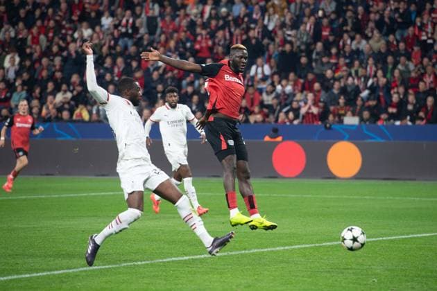 This spectacular goal by Victor BONIFACE LEV is disallowed for offside, Football UEFA Champions League, Preliminary Round 2 Matchday, Bayer 04 Leverkusen LEV AC Milan 1 0 on 01 10 2024 in Leverkusen Germany Â