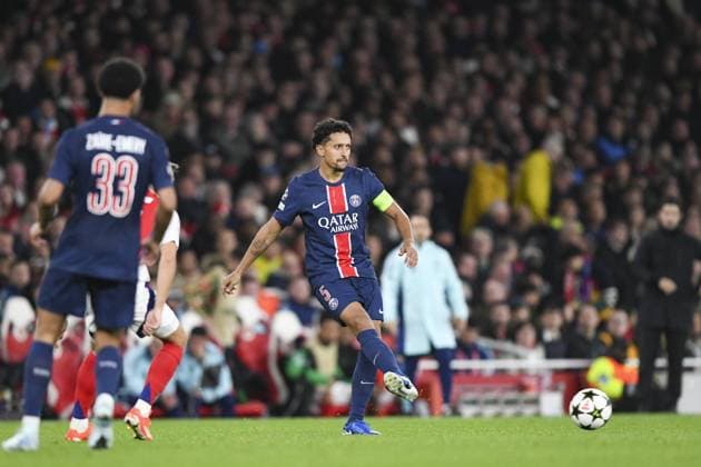 LONDON, ENGLAND - OCTOBER 1: Marcos Aoás Corrêa of Paris Saint Germain passes the ball during the UEFA Champions League 2024 25 League Phase MD2 match between Arsenal FC and Paris Saint-Germain at Emirates Stadium on October 1, 2024 in London, England. (Photo by Will Palmer SPP) FOOTBALL : Arsenal Vs Paris Saint-Germain - Ligue des Champions - 01 10 2024 LiamAmsan Panoramic 