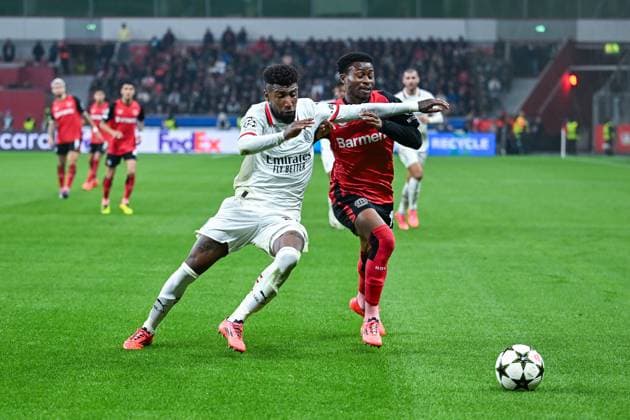01 10 2024, Football, Champions League, Matchday 2, Season 2024 2025, Bayer 04 Leverkusen AC Milan, Emerson AC Milan , Nathan Tella Bayer Leverkusen xRHR PHOTO TKx Copyright: RHR-FOTOx RHR-FOTO TK