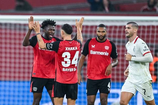 01 10 2024, Football, Champions League, Matchday 2, Season 2024 2025, Bayer 04 Leverkusen AC Milan, Edmond Tapsoba Bayer Leverkusen , Granit Xhaka Bayer Leverkusen , Jonathan Tah Bayer Leverkusen , Alvaro Morata AC Milan xRHR PHOTO TKx Copyright: RHR-FOTOx RHR-FOTO TK